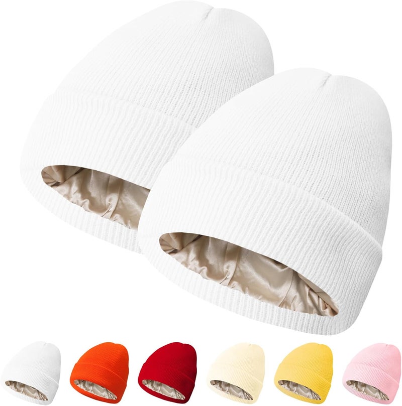 PFFY 2 Packs Womens Satin Lined Beanie Hat Silk Lining Winter Hats Beanies for Women Soft Slouchy Beanie Skull Cap - Image 1